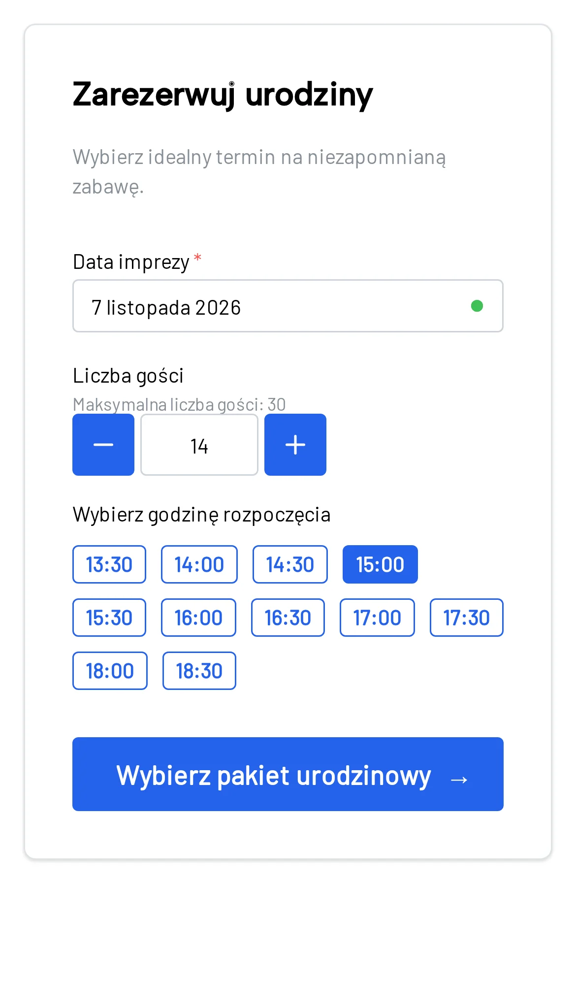 Rodzic wybiera datę, liczbę gości i godzinę urodzin w widgecie rezerwacji