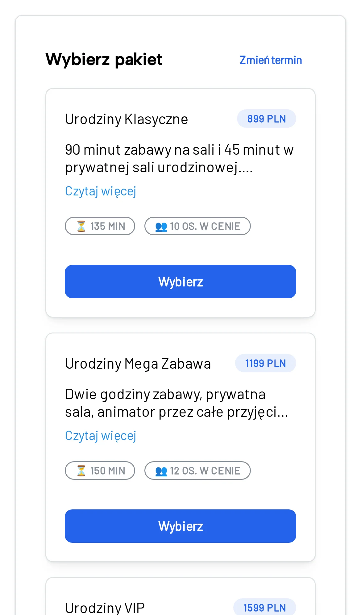 Lista pakietów urodzinowych z ceną, czasem trwania i liczbą osób w cenie